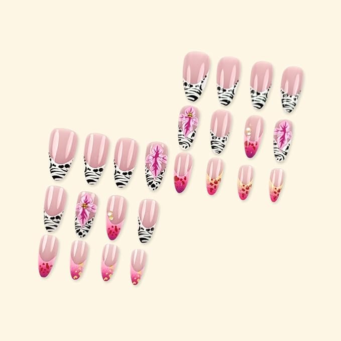 24Pcs French Tip Press on Nails Medium Almond Fake Nails 3D Flower Cute Leopard Nail Art Design Acrylic False Nails with Rhinestones Full Cover Pink Embossed Flowers Stick on Nails for Women