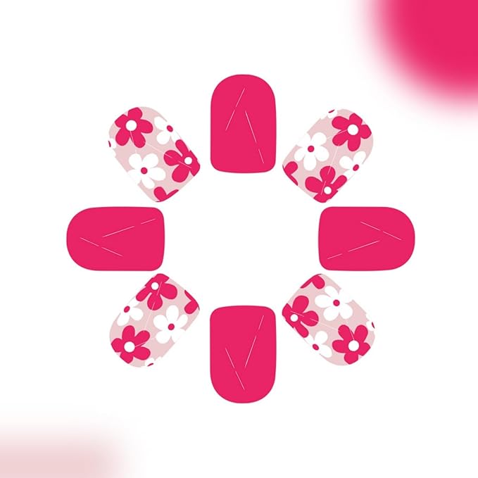 Hot Pink Press on Nails Short Square Fake Nails Flowers False Nails Cute Floral Glossy Full Cover Acrylic Nails Summer Glossy Glue on Nails Shiny Artificial Stick on Nails for Women Manicure 24 Pcs