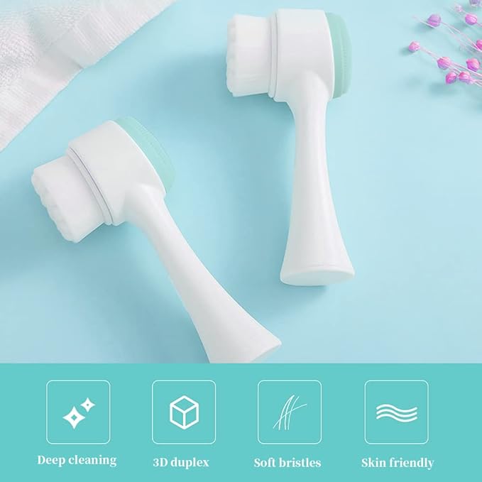 Double Sides Face Brush, 3D Stand Vertical Silicone Facial Wash Brush, 2 in 1 Facial Cleansing Brush Manual Dual-action Face Brush for Acne, Clogged Enlarged Pores Sensitive Delicate, Dry Skins (Blue)