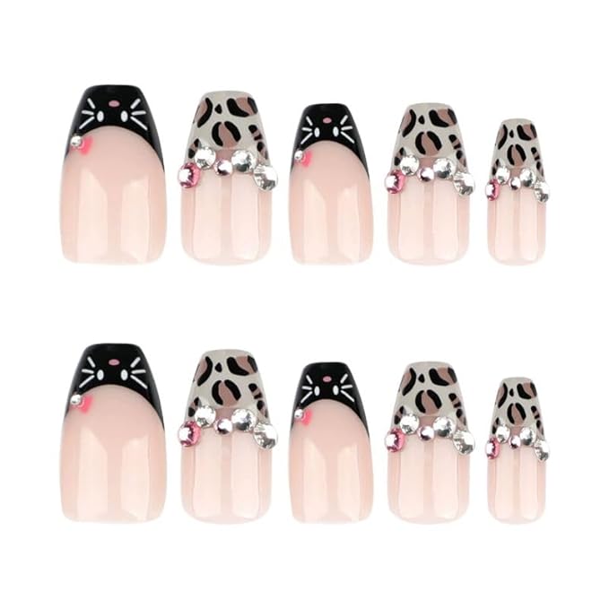 Cute Fake Nails with French Tip Design Press on Nails Short Length Rhinestones Fake Nails for Women and Girls 24pcs