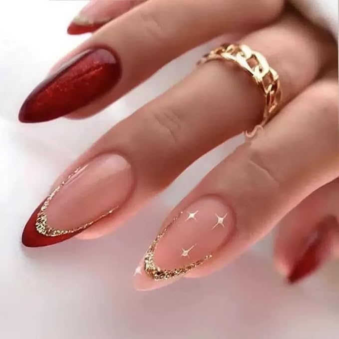 144 Pcs Press on Nails Medium Almond Fake Nails French Tip False Nails with Designs Glitter Glue on Nails Reusable Artificial Nail Full Cover Acrylic Stick on Nail for Women Manicure 6 Packs