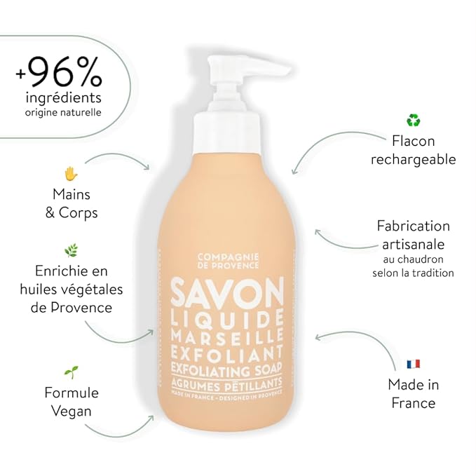 Compagnie de Provence Savon de Marseille Extra Pure Liquid Soap - Exfoliating Sparking Citrus - 10 Fl Oz Pump Bottle