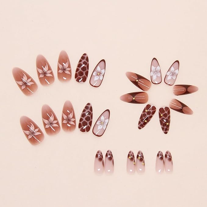 24Pcs Brown Flower Press on Nails Almond Medium Fake Nails with 3D Flower Bead Designs Leopard Brown Acrylic Nails Artificial Glue on Nails Full Cover Fall Stick on Nails for Women