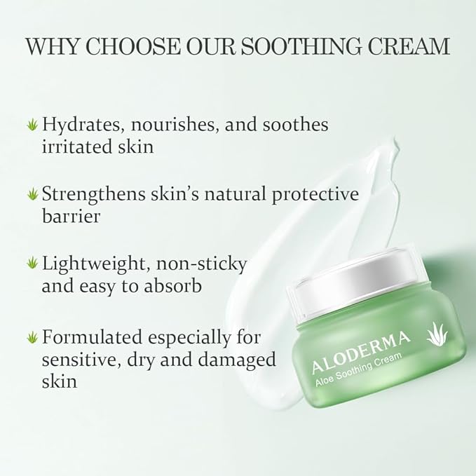 Aloderma Soothing Face Cream Made with 75% Organic Aloe Vera - Calming Facial Cream with Squalane & Vitamin E for Dry, Sensitive Skin - Reduces Redness, Helps Protect Damaged Skin, 50g/1.76oz