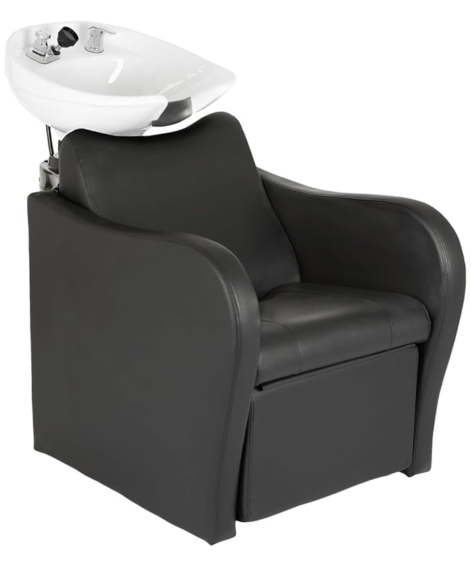 Buy-Rite Lexus Backwash Unit - Professional Salon Shampoo Chair with Tilting White Porcelain Bowl, Kick-Out Leg Rest, Extra Wide Seat & Single-Handle Faucet, Black Chair, TS-8018B