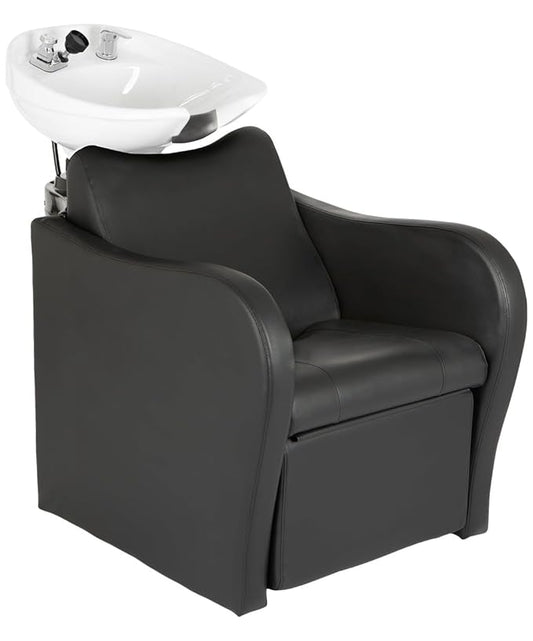 Buy-Rite Lexus Backwash Unit - Professional Salon Shampoo Chair with Tilting White Porcelain Bowl, Kick-Out Leg Rest, Extra Wide Seat & Single-Handle Faucet, Black Chair, TS-8018B