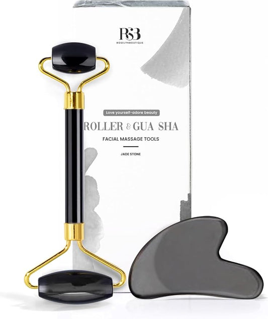 ROSELYNBOUTIQUE Gua Sha Facial Tools & Face Roller Original Face Massager for Puffiness Wrinkless Skin Care Routine - Self Care Gift for Men Women (Black Obsidian)