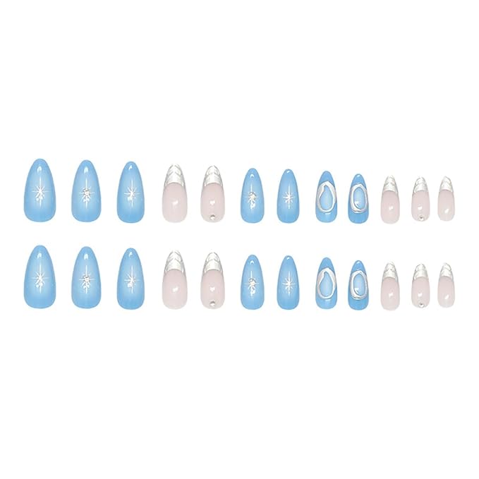 24Pcs Blue Press on Nails Medium Almond Fake Nails 3D Star with Rhinestones Glitter Design Full Cover Chrome Glue on Nails Silver French Tip False Nails for Women Girls Acrylic Manicure Decorations