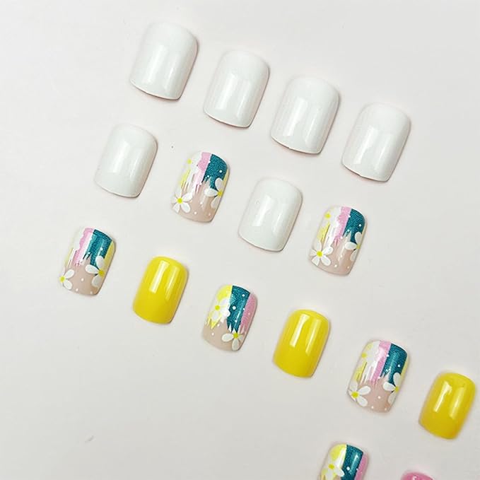 Flower Press on Nails Short Square Fake Nails Pink False Nails Floral Glossy Full Cover Acrylic Nails Spring Glue on Nail Artificial Cute Stick on Nail for Women Manicure 24Pcs