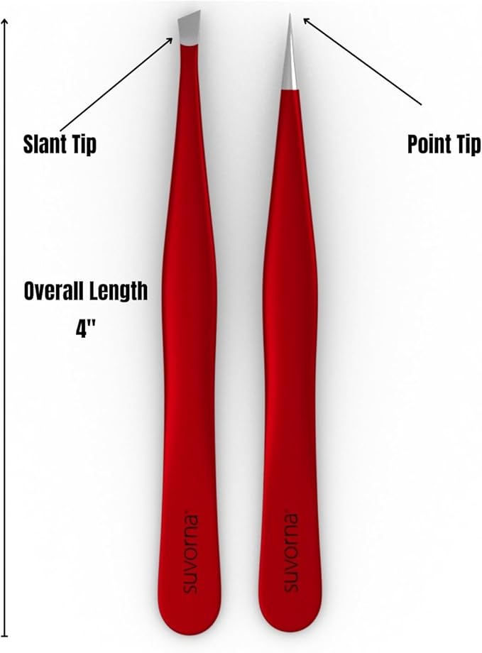 Suvorna Professional Tweezers for women facial hair - Sharp Pointed Tweezer & Slanted Eyebrow Tweezers for Women - Eyebrow Tweezer for Women, Lash tweezers and Splinter removal (4-inch size, Red)