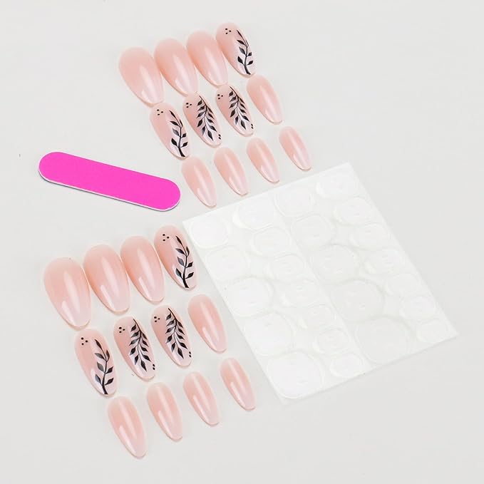24Pcs Almond Press on Nails Medium French Tip Fake Nails with Leaf Designs Pink White Glue on Nails Full Cover Acrylic Artificial Nails Fall Leaves Nails Press ons False Nails for Women