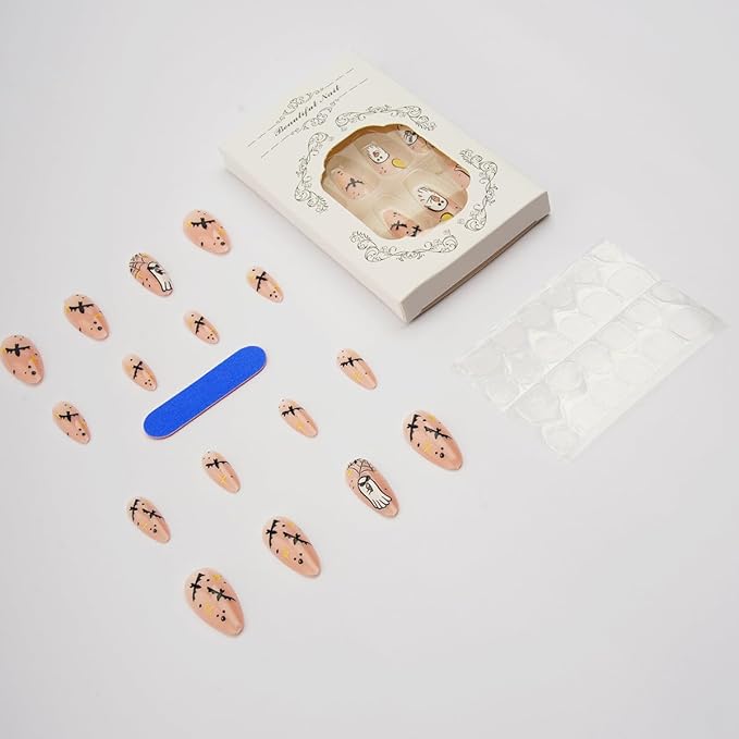 24Pcs Halloween Ghost Press on Nails Medium Almond Fake Nails with Stars Bat Spider Web Designs Glue on Nail Glossy Nude Acrylic Nail Halloween Full Cover Stick on Nails for Women DIY Manicure Salon