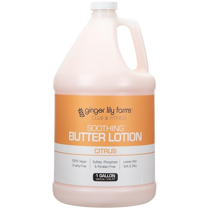 Ginger Lily Farms Club & Fitness Soothing Butter Lotion for Dry Skin, 100% Vegan & Cruelty-Free, Citrus Scent, 1 Gallon (128 fl oz) Refill