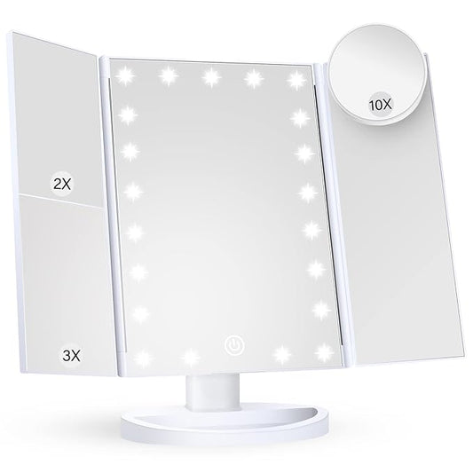 HUONUL Makeup Mirror Vanity Mirror with Lights, 2X, 3X, 10X Magnification, Touch Control, Trifold, White, 9.4" L x 13.4" W, Modern Style, Dresser Mount, Bathroom
