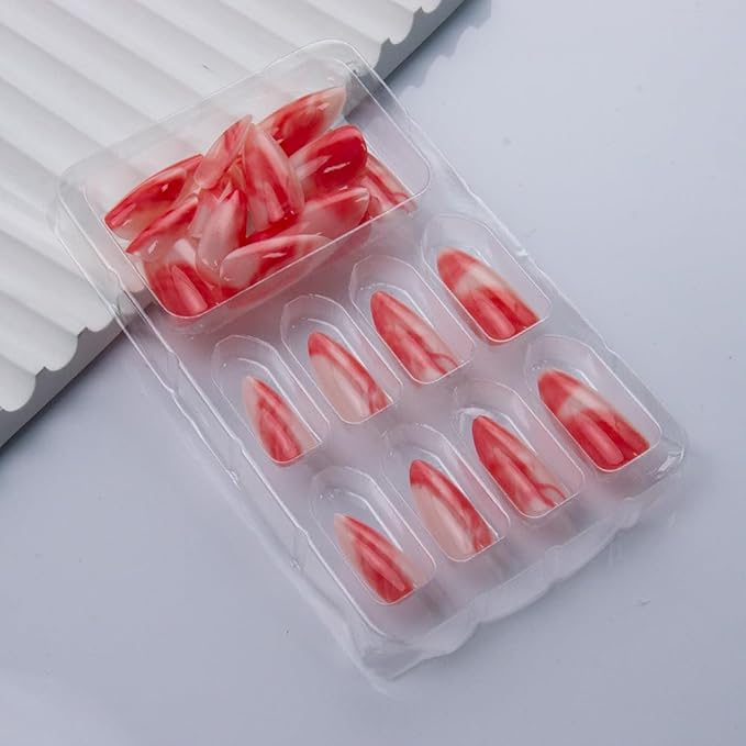 Press on Nails Almond Fake Nails Short Red Acrylic False Nails Press ons Glossy Gradient Marble Glue on Artificial Nails Full Cover Stick on for Women Manicure Art Decoration 24Pcs