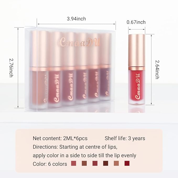 evpct 6Pcs Dark Light Nude Brown Matte Matt Liquid Lipstick Lip Gloss Glossy Set for Black Women, 24 Hour Brown Mauve Red Maroon Silky Velvet Lipstick Lip Liner set labiales matte larga duracion 24