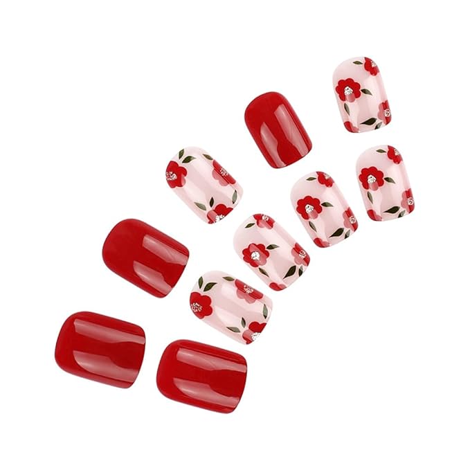 Small Flower Press on Nails Short Square Fake Nails Glossy Red False Nails with Cute Flowers Designs Full Cover Glue on Nails Spring Summer Acrylic Nails Short Floral Artificial Nails for Women 24PCS