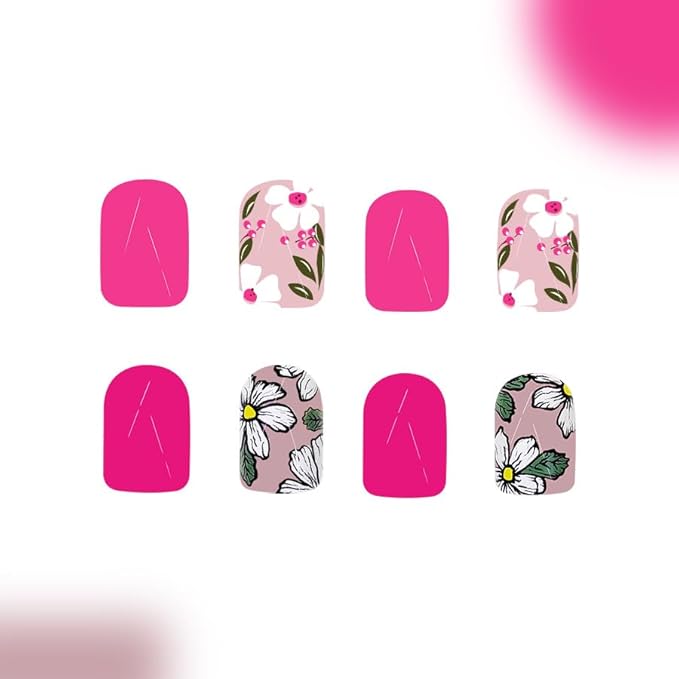2 Packs 48Pcs Flowers Press on Nails Short Square Fake Nails Pink Floral False Nails Squoval Artificial Acrylic Nails with Design Glossy Glue on Nails Press ons for Women Girls Spring Manicure Set