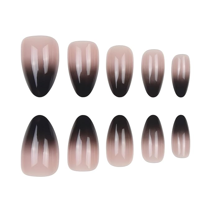KQueenest Press On Nails Short - Ombre Black Press On Nails Almond Shape, French Dark Fake Nails with Nail Glue, Reusable Soft Gel Gradient Nude Black Glue On Nails for Women Decoration, 30 Pcs