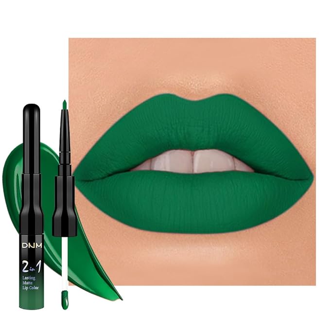 1Pcs 2 in 1 Forest Green Purple Matte Lip Liner and Liquid Lipstick Stain Makeup Set for women, Green Long Lasting Smudge Proof Lip Tint Matte Finish Lip Gloss for All-Day Color Hold Easy to Use 48#