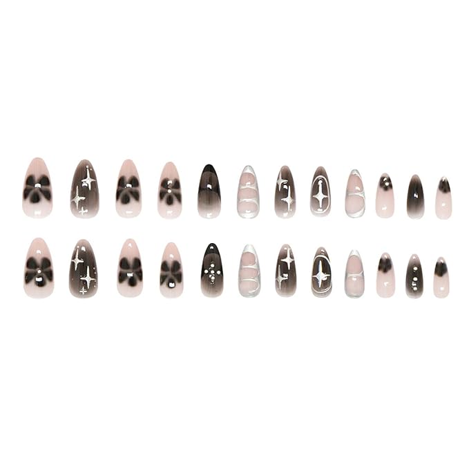 24Pcs Black Press on Nails Medium Almond Fake Nails Black Flower with Silver Star Full Cover Glue on Nails Reusable Acrylic Star False Nails Glossy Stick on Nails for Women Girls Manicure Salon Kits