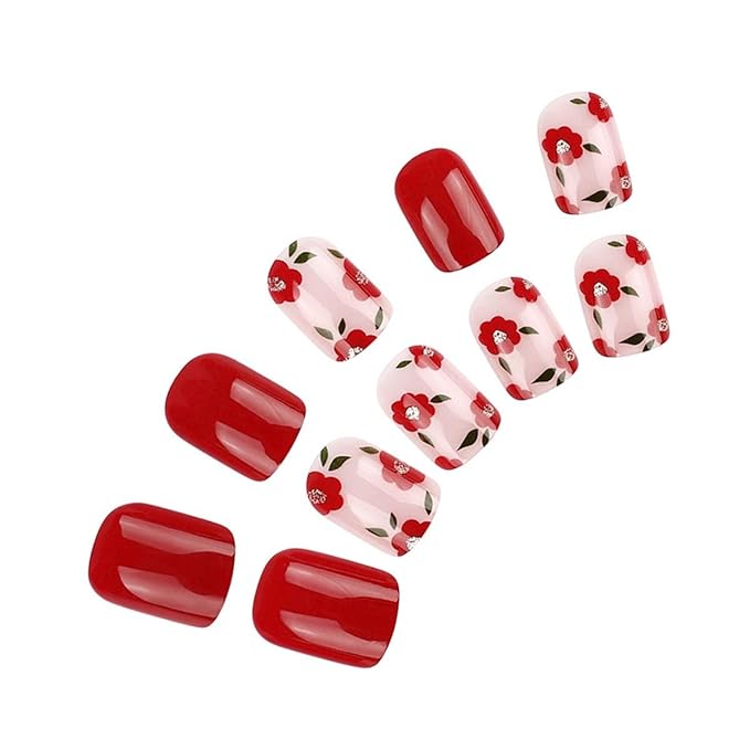 Red Press on Nails Short Square Fake Nails Glitter with Flower Leaf Design Nails Press Ons Floral Full Cover False Nails Acrylic Artificial Nails Glossy Glue on Nails Stick on Nails for Women 24Pcs