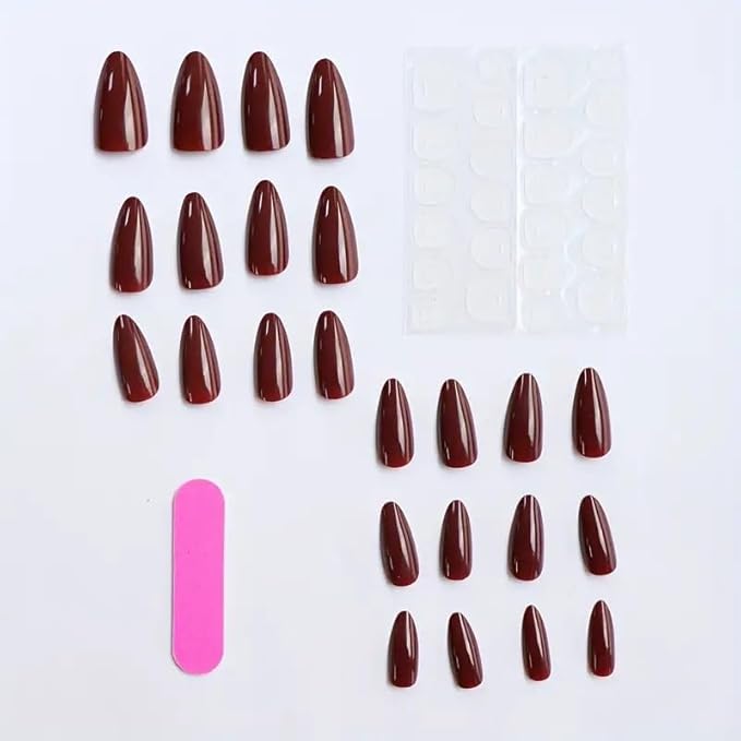 Wine Red Fake Nails Glossy Almond Press on Nails Medium Solid Color Acrylic False Nails Press ons Reusable Full Cover Artificial Nails for Women DIY Nails Decoration