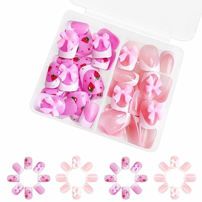 2 Packs 48Pcs French Tip Press on Nails Short Square Fake Nails Bow Charms Acrylic False Nails Cute Glue on Nails Reusable Artificial Nails Stick on Nails for Women Girls Manicure Nails Decoration