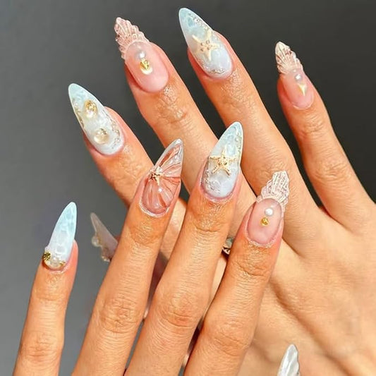 3D Star Pearl Summer Blue Press On Nails Medium Almond, Shell French Tip Designer Reusable Acrylic Fake Nails With Glue On Nails, Nails Press Ons Ocean Beach Charms False Nails For Women Gift