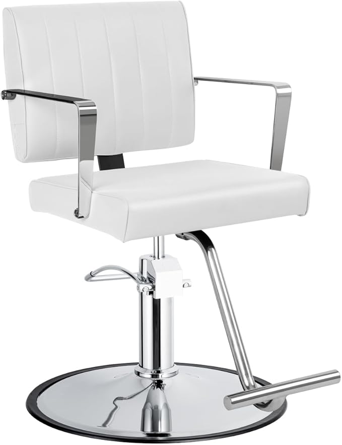 Astra Wide Salon Styling Chair in White, Round Chrome 360° Swivel Hydraulic Small Footprint | Minerva Beauty