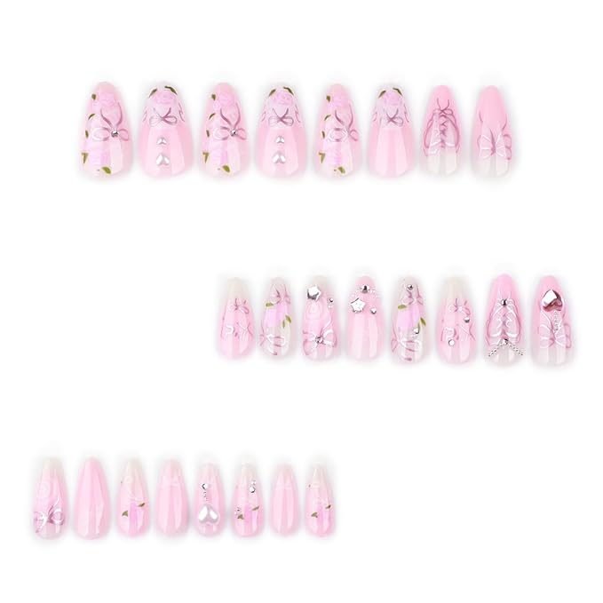 Pink Press on Nails Long Almond Fake Nails Rose Flower Bow with Pearl Design Star Rhinestone False Nails Gradient Stick on Nail Full Cover Acrylic Glue on Nail for Women DIY Salon Manicure Kit