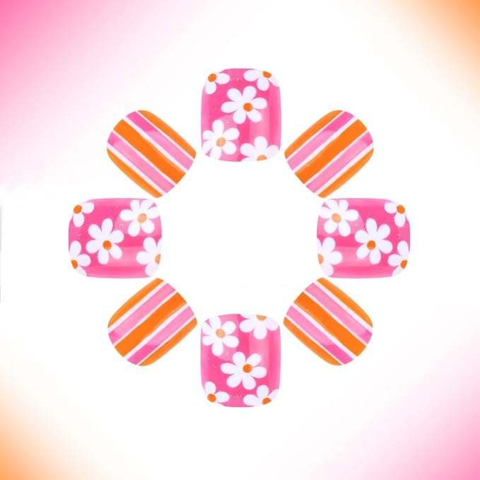 Flower Press on Nails Short Square Fake Nails Colorful Glitter Design Acrylic Nails Spring Summer Flowers False Nail Tips Cute Floral Glue on Nails Reusable Stick on Nails for Women and Girls 24Pcs