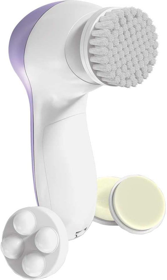 Bella Ciao 6-Piece Facial Cleansing and Exfoliating Set with Soft Facial Brush, Rolling Massager Head, Latex Sponge, Makeup Sponge, and Callus-Remover Disc, Batteries Not Included, Lavender