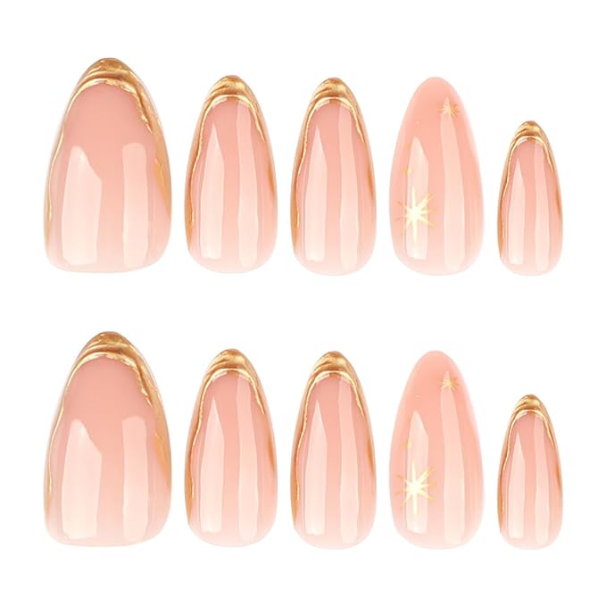 24Pcs Gold French Tip Press on Nails Medium Almond Fake Nails 3D Gold Tips with Star Full Cover Glue on Nails Nude Pink False Nails French Stick on Nails for Women Girls Acrylic Nail Decorations Tips