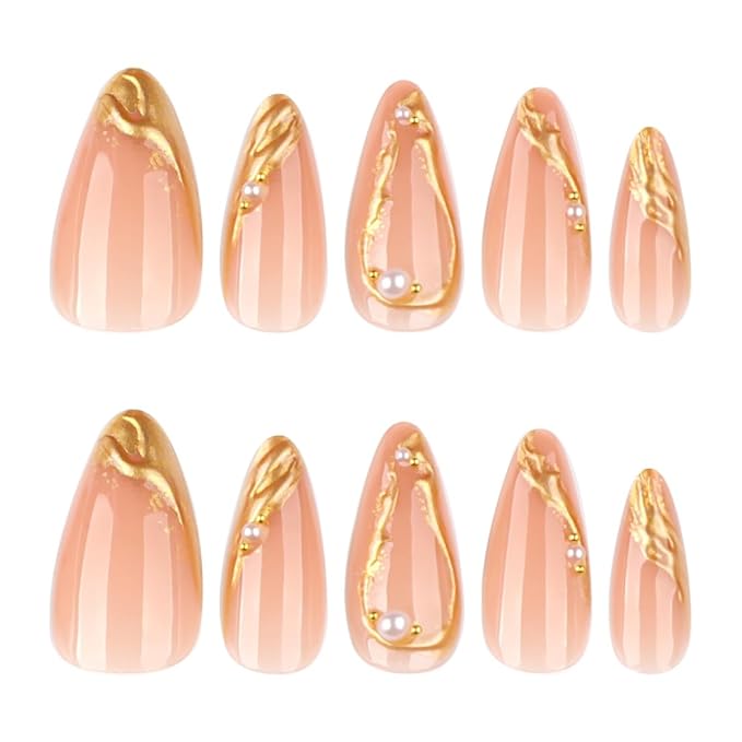3D Gold Press on Nails Medium Almond Fake Nails Gold Line Pearl Design Stick on Nails French Tip False Nails Nude Glossy Handmade Acrylic Glue On Nail for Women Manicure 24Pcs