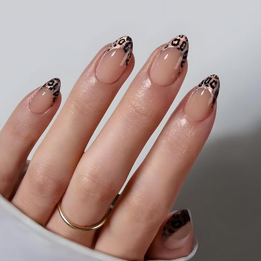 French Tip Press on Nails Short Almond Fake Nails with Leopard Print Designs Glue on Acrylic Nails Glossy Glitter False Nails Press ons for Women Manicure 24Pcs