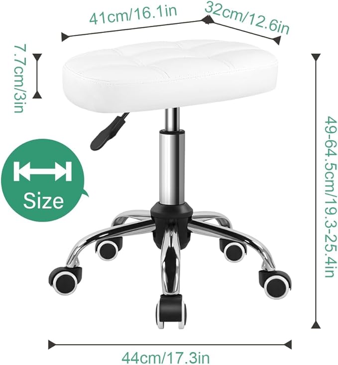FURWOO Oval Rolling Stool Height Adjustable Massage Chair with Wheels for Spa Salon White