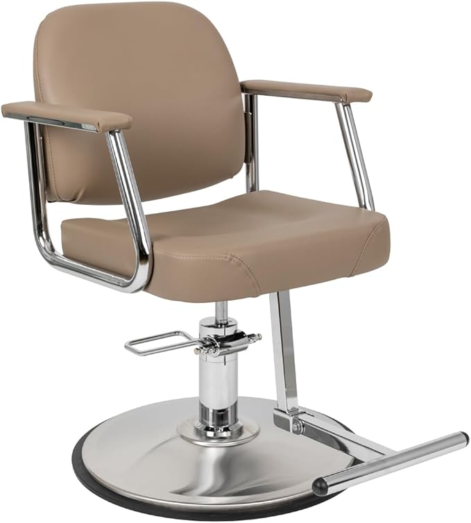 Zaria Wide Salon Styling Chair, Round Chrome 360° Swivel Hydraulic | Minerva Beauty (Taupe)