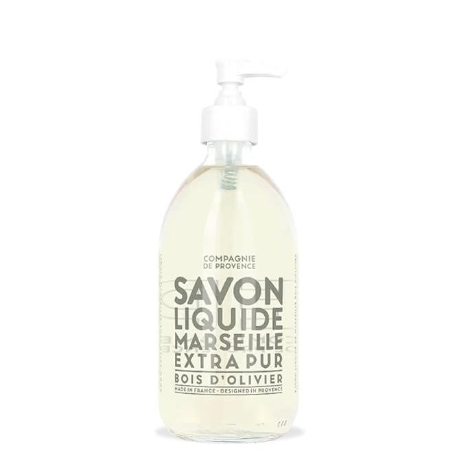 Compagnie de Provence Savon de Marseille Extra Pure Liquid Soap - Olive Wood - 16.7 Fl Oz Glass Pump Bottle and 33.8 fl oz Plastic Bottle Refill