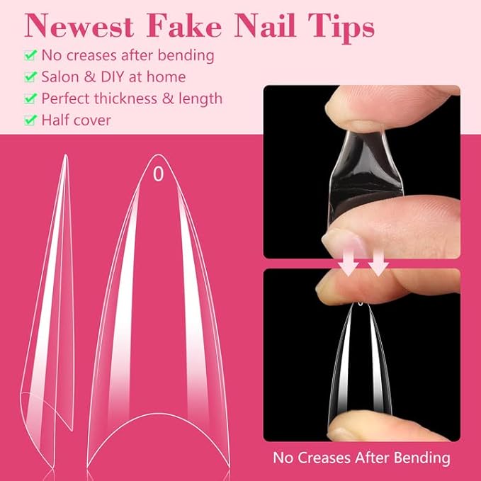 Quaferen Clear Stiletto Nail Tips, 500PCS Half Cover Soft Gel Nail Tips Medium Stiletto False Nails Almond Shape Curved Tips for Acrylic Nails Salon Home DIY with Box 10Sizes