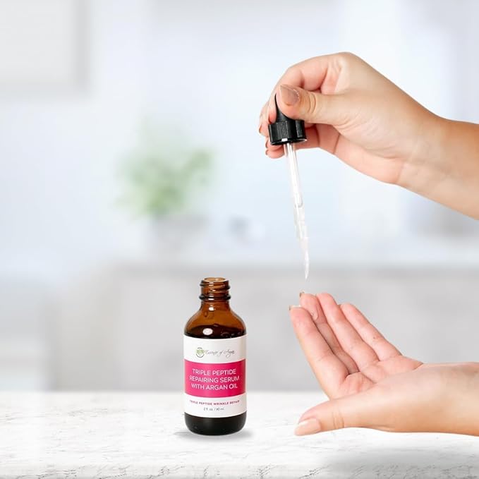 Essence of Argan Triple Peptide Serum for Face with Argan Oil, Aloe Vera, Chamomile, Green Tea and Olive Oil - For Deep Moisturizing and Glowing Skin - 2fl.oz/60ml