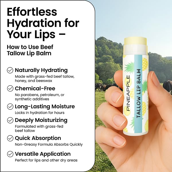 Tallow Lip Balm by Cattle Creek – Organic, All-Natural Ingredients, Long-Lasting Moisture and Hydration for Dry, Cracked, and Chapped Lips, Soothing Formula for Soft Skin (Pack of 3, Pineapple)