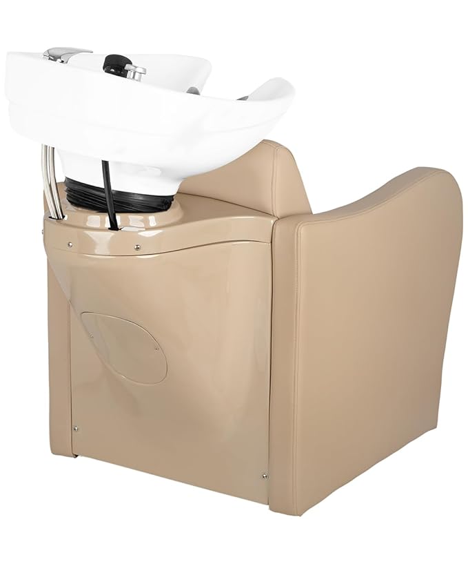 Buy-Rite Lexus Backwash Unit - Professional Salon Shampoo Chair w/Tilting Porcelain Bowl, Wide Seat, Kick-Out Legrest, Single Handle Faucet & Neck Rest – Sand Vinyl w/White Bowl, TS-8018B