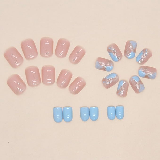 24Pcs Nude Blue Press on Short Square Fake Nails with Glitter Gold Foil False Nails Glossy Acrylic Artificial Short Glue on Nails for Women Girls DIY French Stick on Nails Decorations