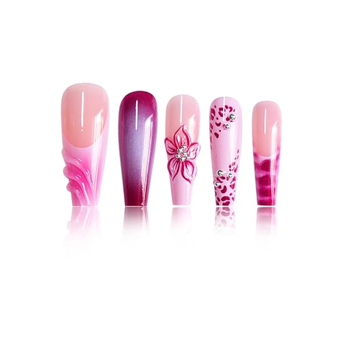 Long Press on Nails Coffin Fake Nails with Pink Floral DesignsFalse Nails French Artificial Nails Purple Stick on Nails for Women 24pcs