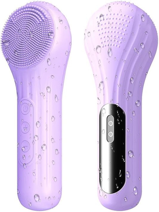 Facial Cleansing Brush, Silicone Face Scrubber with Heat and Vibration 5 Speeds, Waterproof Rechargeable Electric Face Scrub Brush for Men & Women, Deep Cleansing, Exfoliating and Massage (Purple)