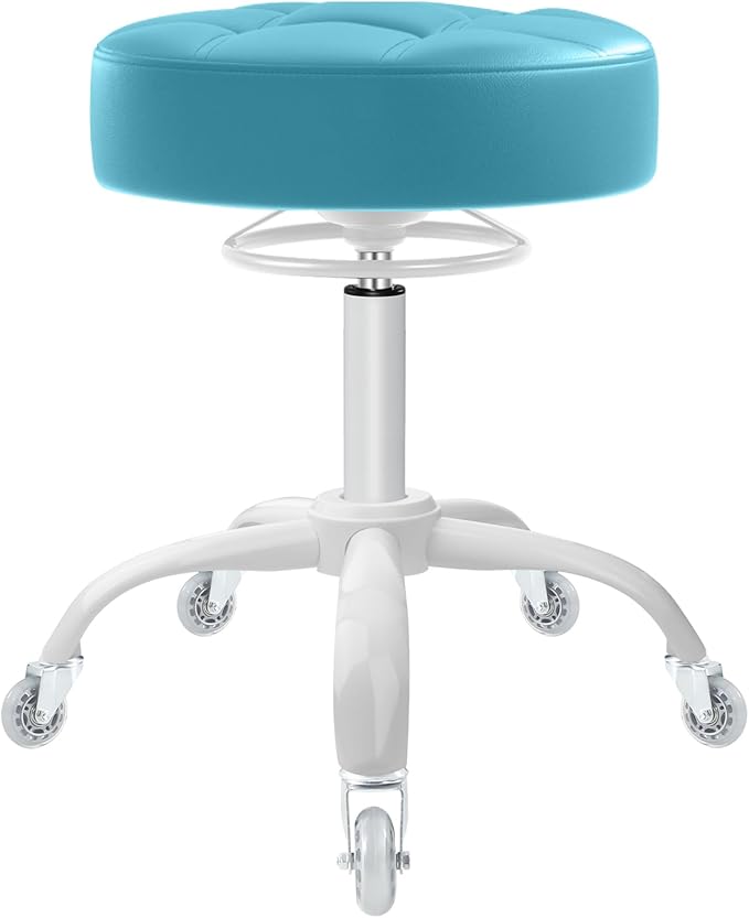 Rolling Stool Heavy Duty 400lb: Super Soft Seat Cushion,360° Swive,Height Adjustability,No Squeaky Noises,No Tip Over,New Upgraded stool Salon Stool Chair, Tattoo Facial Massage Spa Medical(Cyan)