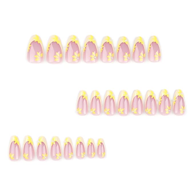 Yellow French Tip Press on Nails Spring Flower Fake Nails with Pearl Design Glossy Glue on Nails Reusable Artificial Acrylic Full Cover Stick on Nails Medium Almond False Nail for Women Manicure 24Pcs