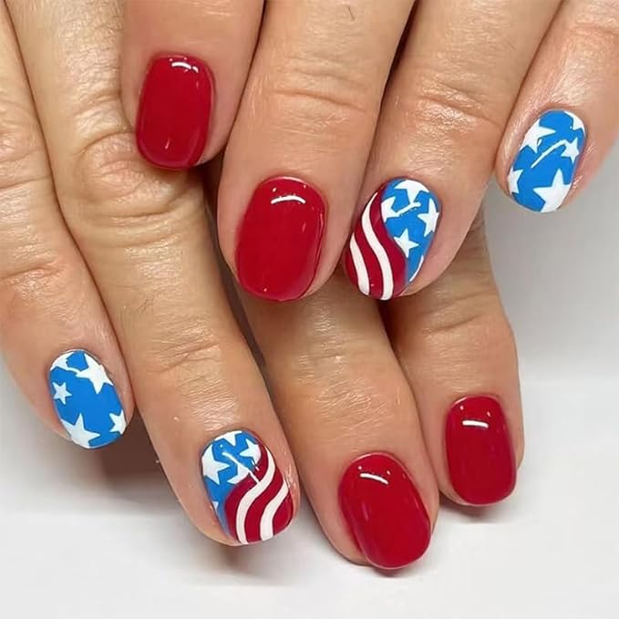 2 Packs 48Pcs Independence Day Press on Nails Short Square Fake Nails Stripe Star False Nails Patriotic Flag Patter Full Cover Acrylic Nails Glue on Nails for Women 4th of July Manicure Decoration