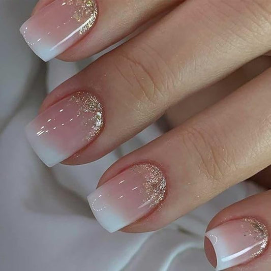 Square Ombre Press on Nails -Soft Gel Press on Nails Short Pink Fake Nails Square Bling Glossy False Nail Tips Artificial Nails for Women and Girls,24pcs